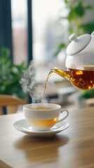 Steaming tea being poured from a glass teapot into a white teacup