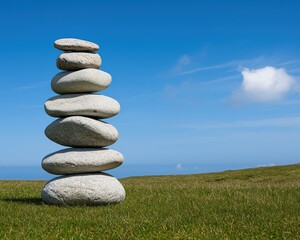 A stack of smooth stones balanced on a grassy field under a clear blue sky with a few clouds.