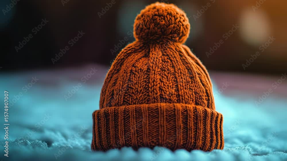 Poster a close-up view of a knitted hat lying on a bed, perfect for adding texture and warmth to your desig