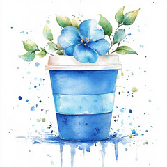 Watercolor coffee with flowers and leaf on white background. Botanical clipart with drink for design