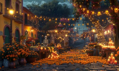 a town square filled with altars, traditional foods, and families honoring their ancestors