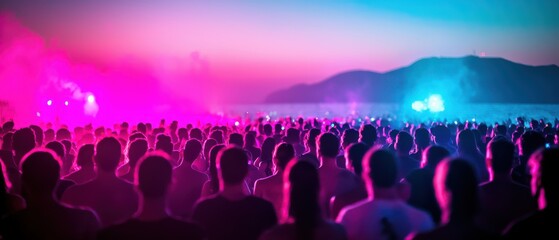 A large crowd enjoying a vibrant outdoor event with colorful smoke and lights during twilight, set against a backdrop of mountains and a fading sky.