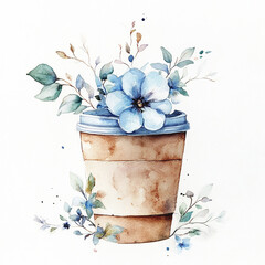 Watercolor coffee with flowers and leaf on white background. Botanical clipart with drink for design