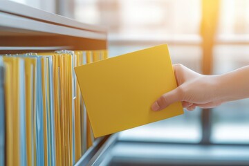 A hand retrieves a yellow folder from a filing cabinet filled with organized folders in a well-lit office setting.