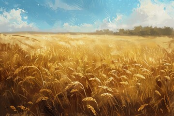 Scenic view of golden wheat field swaying gently under a bright blue sky, creating a peaceful and idyllic countryside landscape