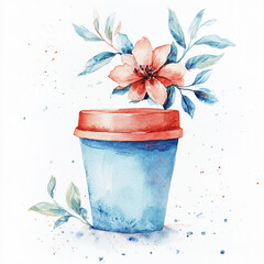 Watercolor coffee with flowers and leaf on white background. Botanical clipart with drink for design