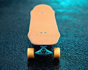 Obraz premium A close-up front view of a yellow skateboard on a wet, textured asphalt surface with a blue-green light reflection.