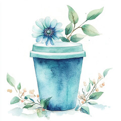 Watercolor coffee with flowers and leaf on white background. Botanical clipart with drink for design