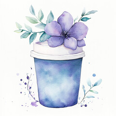 Watercolor coffee with flowers and leaf on white background. Botanical clipart with drink for design