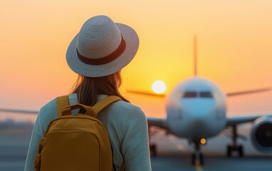 A traveler with a hat and backpack faces a plane at sunset, ready for a journey.