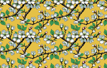 Bright seamless pattern with blooming sakura branches on bright yellow background for textile, branches of Japanese sakura with white flowers for fabric prints, web design