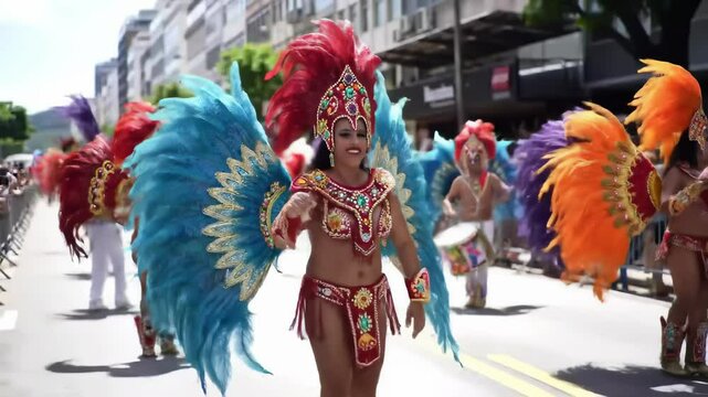 Colorful carnival parade with young women in feathered costumes dancing joyfully in tropical street festival. concept of cultural celebration, festive dance, vibrant costume