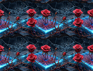 Seamless abstract pattern, roses on futuristic background. Modern unique design for textile, wallpaper, digital projects and printing