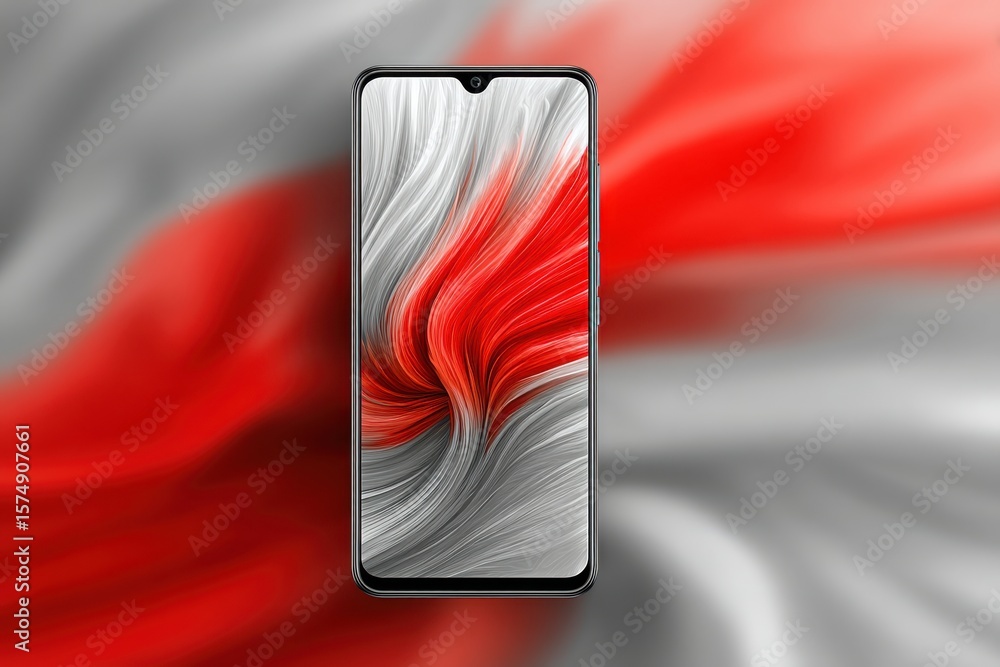 Poster modern smartphone with an artistic colorful display on a gray background