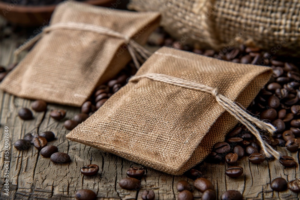 Aufkleber roasted coffee beans scattered on a rustic table, with small hessian sacks tied with string, creatin