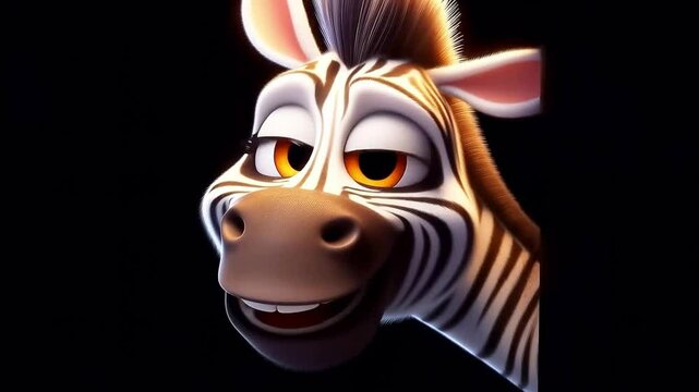 Funny lovely zebra cartoon, cute animation on black background