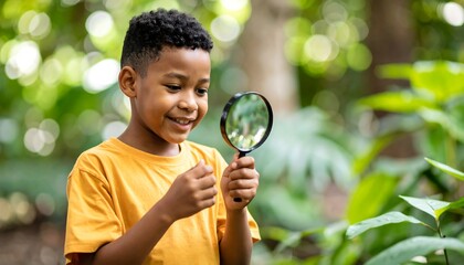 Young boy in nature, holding magnifying glass