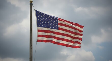 Obraz premium Tattered American Flag Waving Proudly Against a Dramatic Sky, A Symbol of Resilience and Patriotism Amidst the Clouds