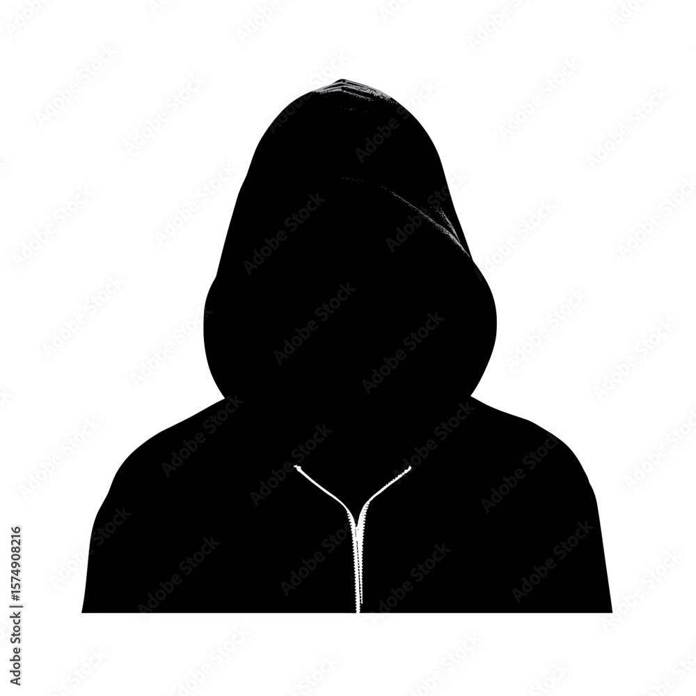 Poster silhouette of hooded figure with zipper detail centered in the frame and facing forward view