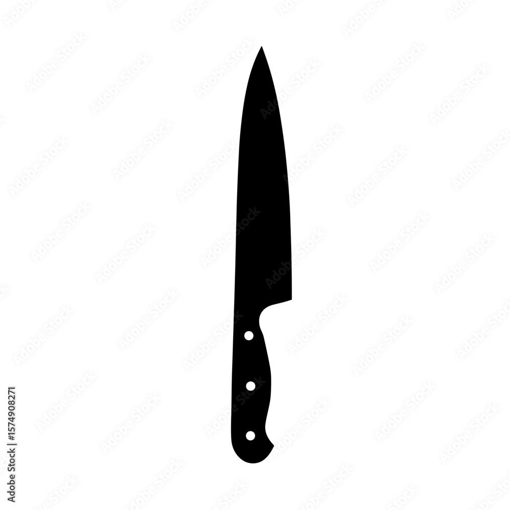 Poster illustration of a single chef's knife with a sharp blade and handle with three rivets shown clearly