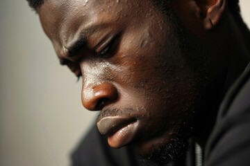 Obraz premium Close up of a sweaty and stressed african american worker with dust on his face, depicting occupational burnout and exhaustion