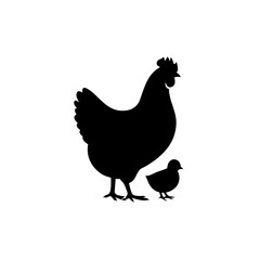 Silhouette of a hen standing next to a chick, both facing right, in a poultry themed illustration