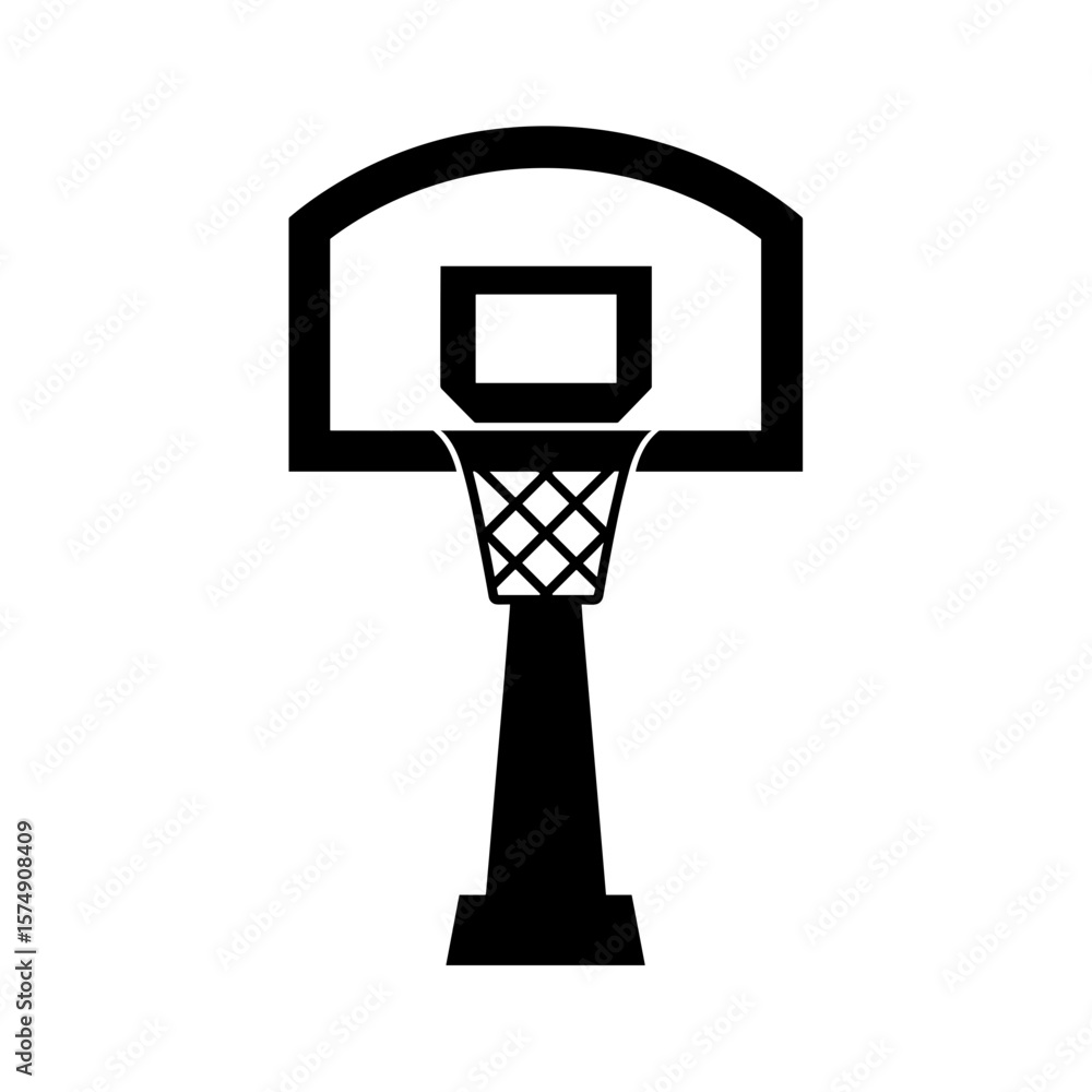Aufkleber illustration of a basketball hoop with a net and a backboard on a support structure shown in silhoue