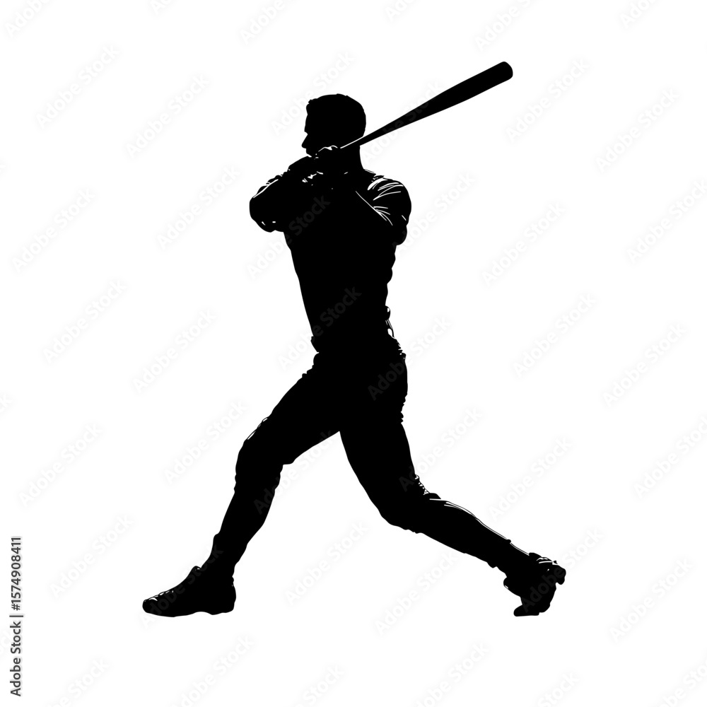 Poster silhouette of a baseball player swinging a bat with full body visible in a dynamic action pose ready