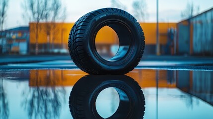 A single car tire stands in a wet pavement, reflecting on the surface. Abstract background adds depth to the image.
