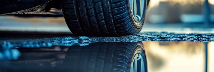 Car wheel perfectly reflected in a calm puddle after rainfall. Wet road shows the beauty of auto travel.