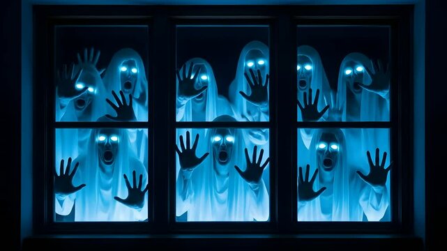 Spooky ghosts behind window Halloween horror scene with glowing eyes, open mouths and hands. Horror concept, scary Halloween night and paranormal themed videos.