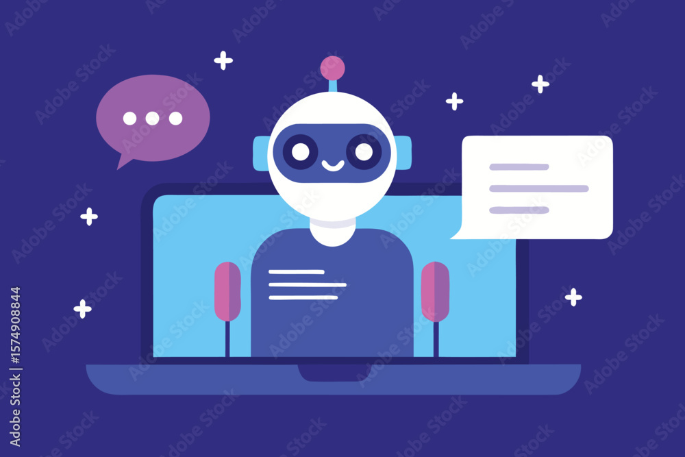Poster friendly robot assistant communicating on a digital screen chatbot communication
