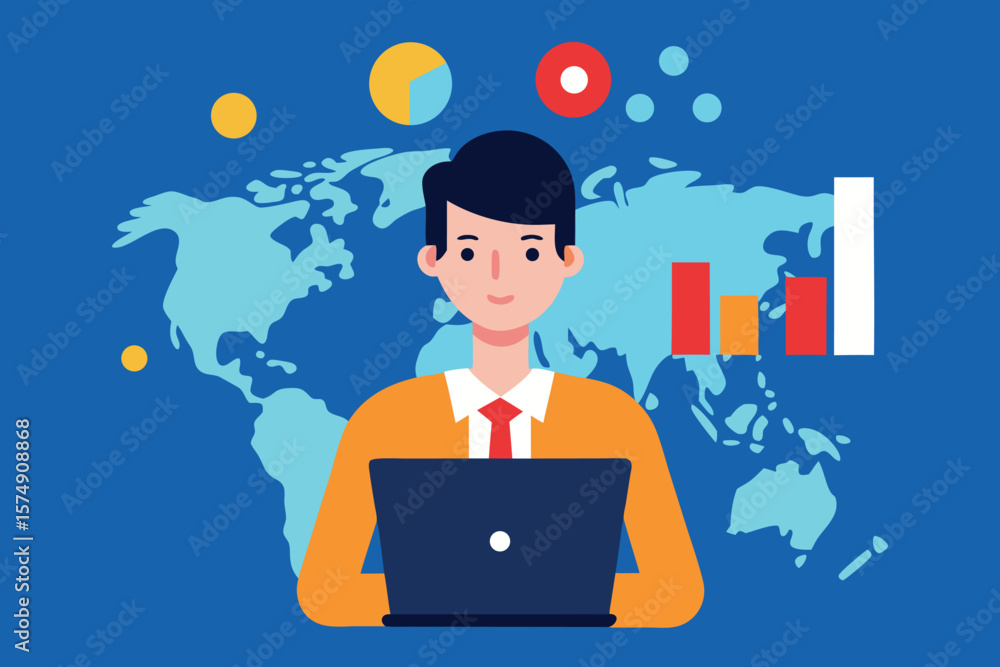 Poster man analyzing global market data with charts laptop world map