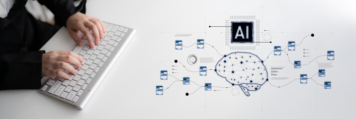 AI neural network and data processing system visualizing artificial intelligence with brain...