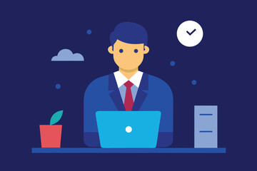 Man in suit working late on laptop with plant and clock desk