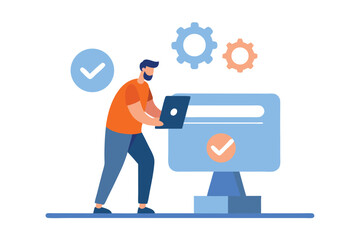 Man installing software update with progress indicators laptop computer