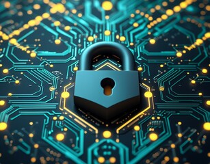Concept of Endpoint Security, a blue abstract microchip scheme with a lock symbol. The lock symbolizes the protection and security measures taken to safeguard digital data.



