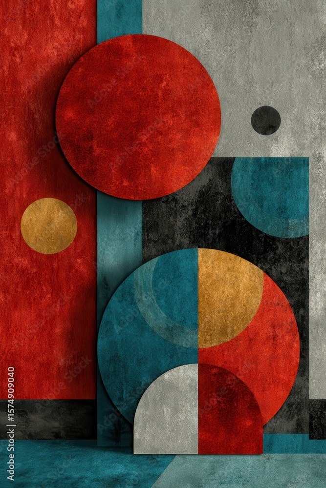 Poster abstract modern artwork with circular patterns in red and blue colors