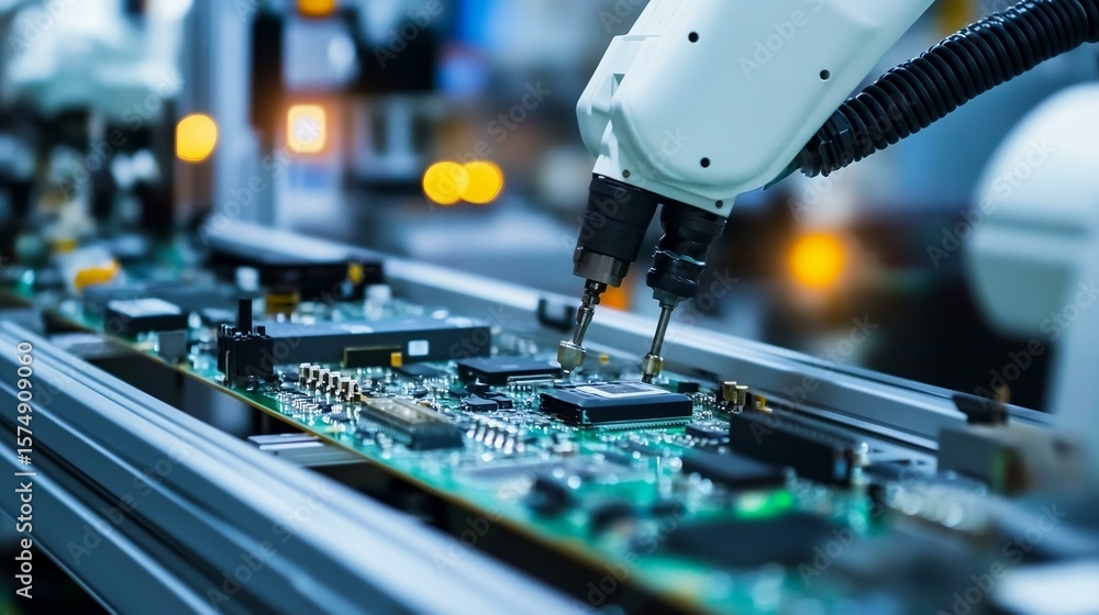 Poster a close-up of an industrial robotic arm assembling components on a circuit board in a modern electro