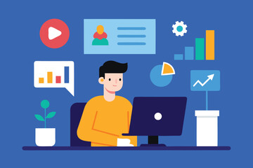 Person working on laptop with data charts and play button desk graphs