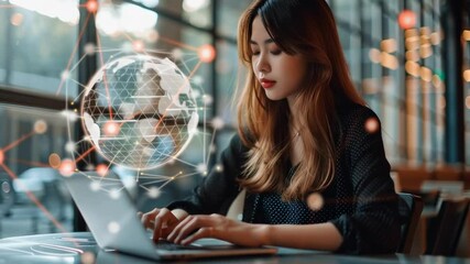 A professional woman works on a laptop with digital network graphics, symbolizing global connectivity. - Powered by Adobe