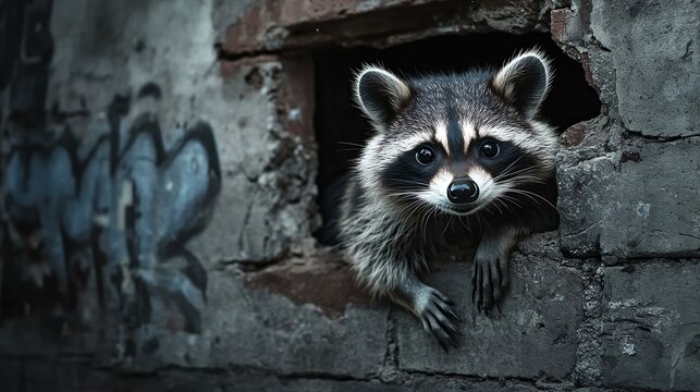 A curious raccoon peeks through a hole in an old, graffiti-covered wall, showcasing its playful nature and adaptability in urban environments.