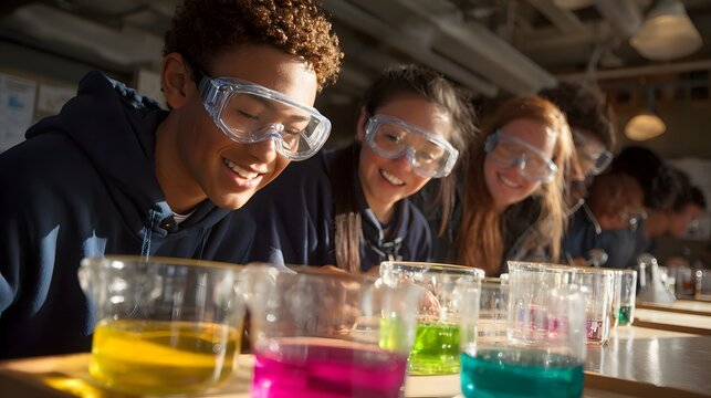 Group of teenagers in safety glasses conducting a chemical experiment in a school laboratory, colorful liquids in beakers.