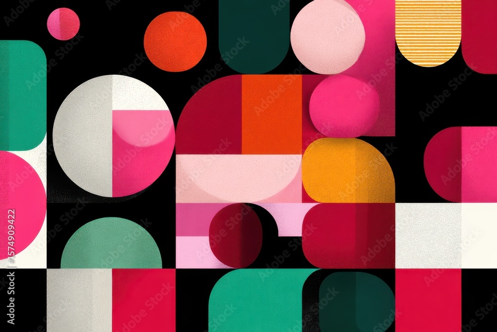 Poster abstract geometric composition with colorful overlapping shapes and dark background