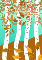 Birch trees with autumn leaves on a colorful background  