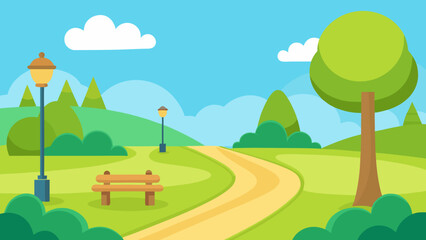 Obraz premium Vibrant summer landscape vector with green trees, fields, and a sunny sky over rolling hills and distant mountains