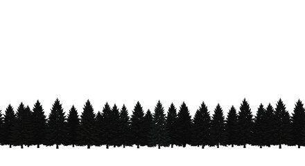 A dense line of silhouetted black pine and spruce trees with crisp contours against a transparent background, perfectly lit, shadowless, ample copy space above, high contrast winter minimalism