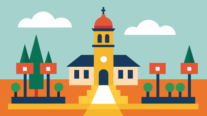 Fototapeta premium Vector illustration of an old town with a castle, church, and various buildings, showcasing medieval architecture and design elements