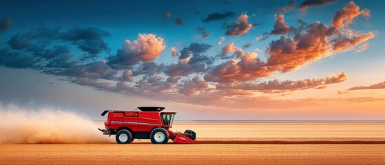 Fototapeta premium Modern combine harvester working on a golden field under a vivid colorful sky
