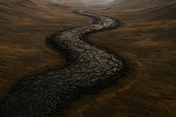 A hardened lava river curves through a cracked valley floor forming jagged patterns of solid rock while mapping drones record its boundaries for geological documentation while visual